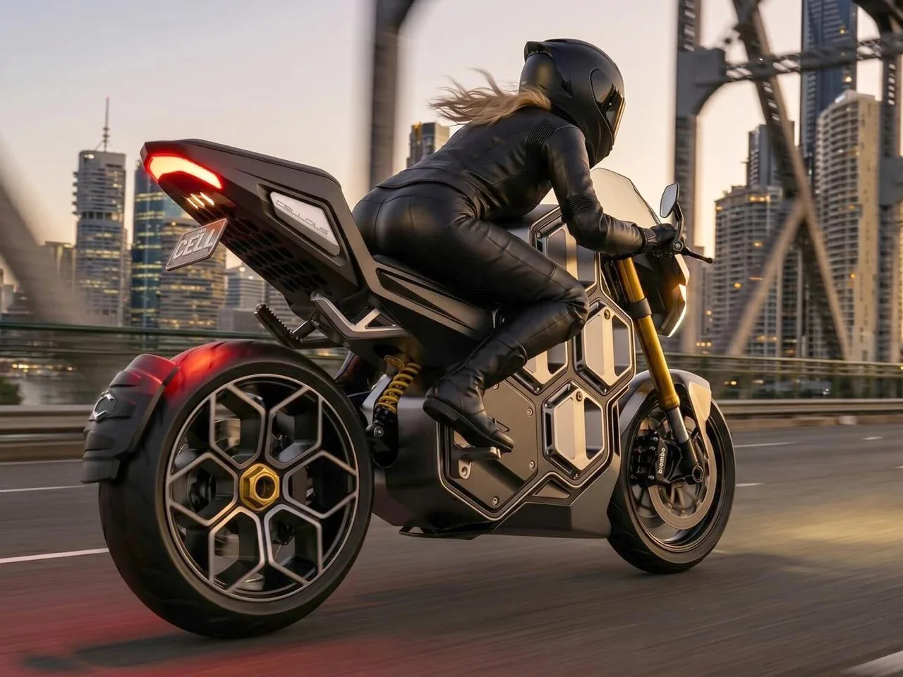 Brisbane Studio's Cellcius C-01 Electric Superbike Transforms with Swappable Honeycomb Battery System Superbike with hexagonal battery under bright studio lighting.