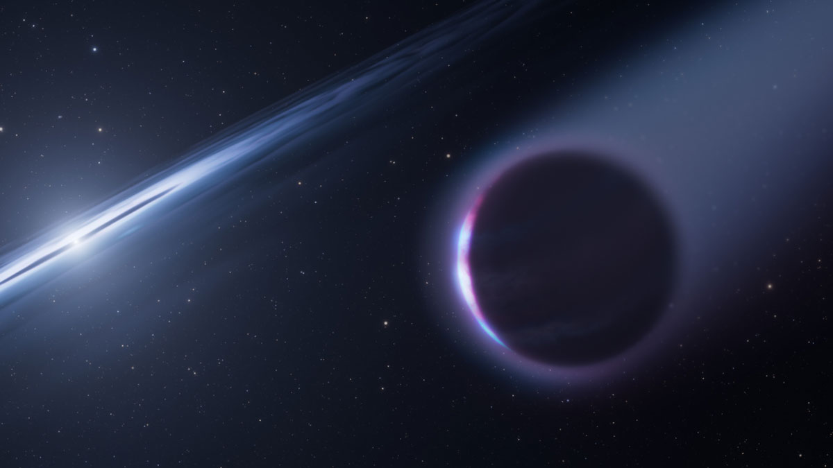 A dark planet with a long comet-like tail orbits beyond a bright disk of matter around a brighter white starlike object.
