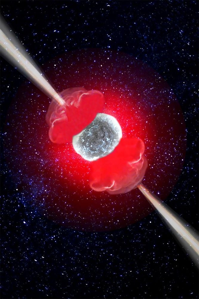 This artist's illustration shows a hypernova, an extremely luminous and energetic type of supernova. They occur when a star with more than about 30 solar masses reaches the end of its life and explodes. Evidence for them is thin, and new research pokes holes in what little there is. Image Credit: Anna Serena Esposito/Spanish National Research Council (CSIC)