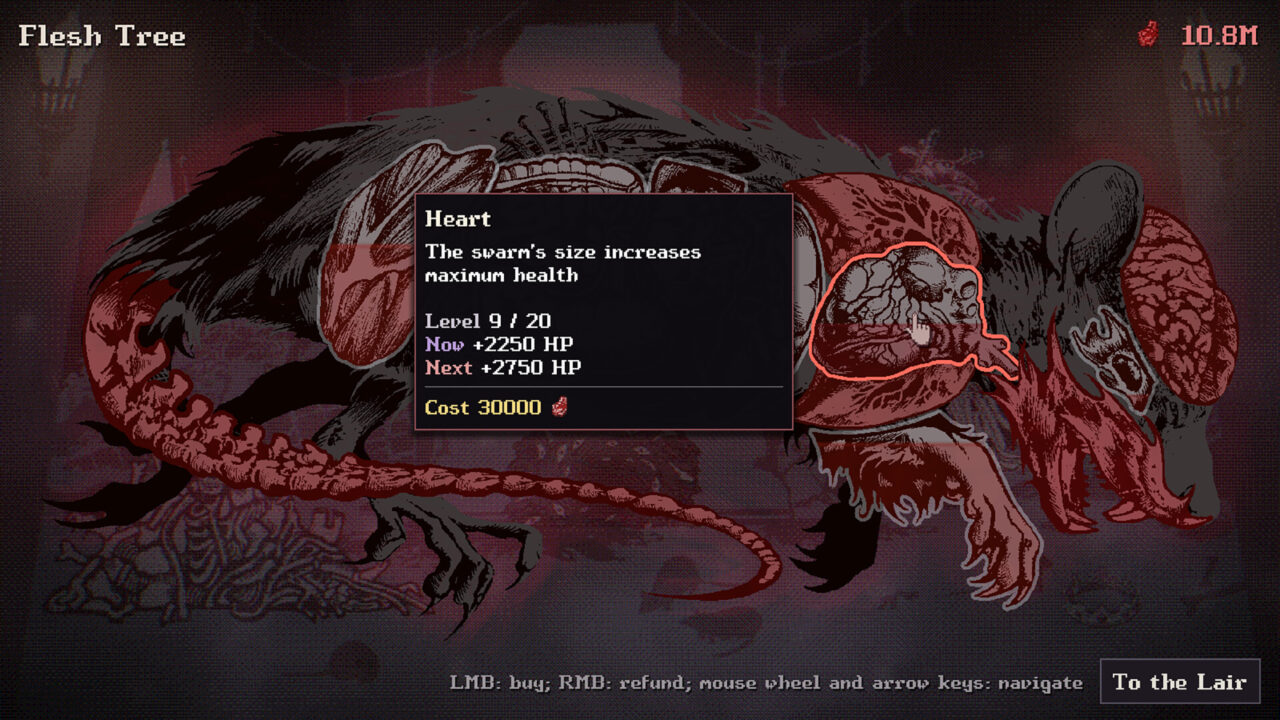 The Flesh Tree upgrade screen in I Am Plague showing the Heart upgrade