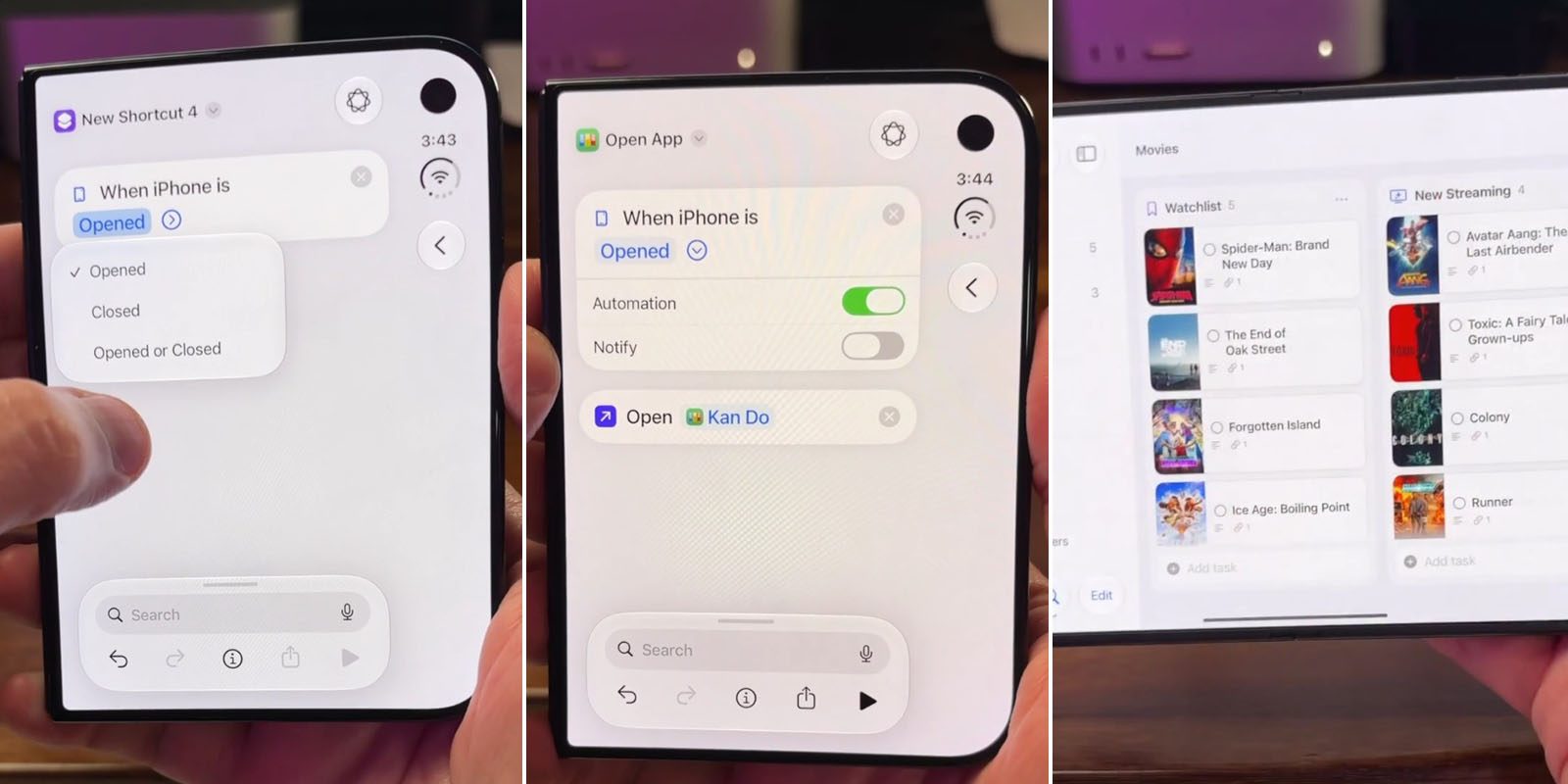 Watch the iPhone Duo run a shortcut automation when it is opened | Image shows a sequence of screengrabs illustrating the feature