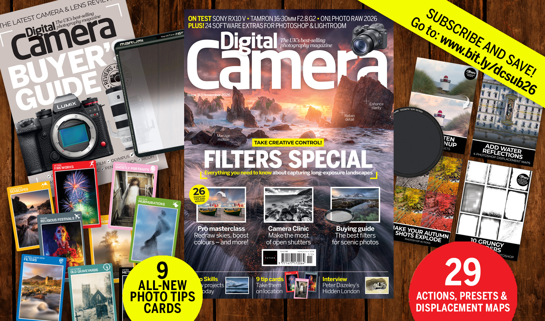 Front cover of issue 313 (November 2026) of Digital Camera magazine and images showing the included bonus gifts &ndash; 9 photo tips cards, 5 image editing tutorial videos, 29 software extras and an e-book