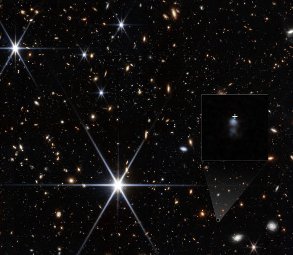This Webb image shows the host galaxy of FRB 20240304B (shown by the white cross). Image credit: NASA / ESA / CSA / STScI / Themiya Nanayakkara, USYD / Joseph DePasquale, STScI.