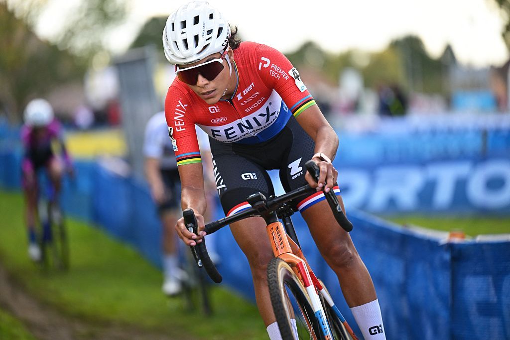 Netherlands' Ceylin Del Carmen Alvarado pictured in action during the women elite race of the 'Mosselcross' cyclocross cycling event, on Sunday 11 October 2026, in Dendermonde, the first race (out of 7) of the HG Cross competition.BELGA PHOTO DAVID PINTENS (Photo by DAVID PINTENS / BELGA MAG / Belga via AFP)