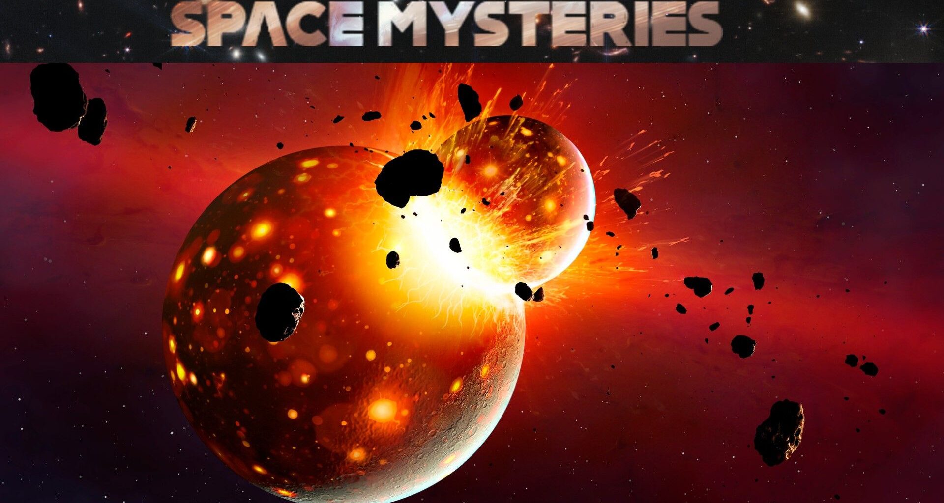 two large orbs collide, creating an explosion of fire and large rocky objects