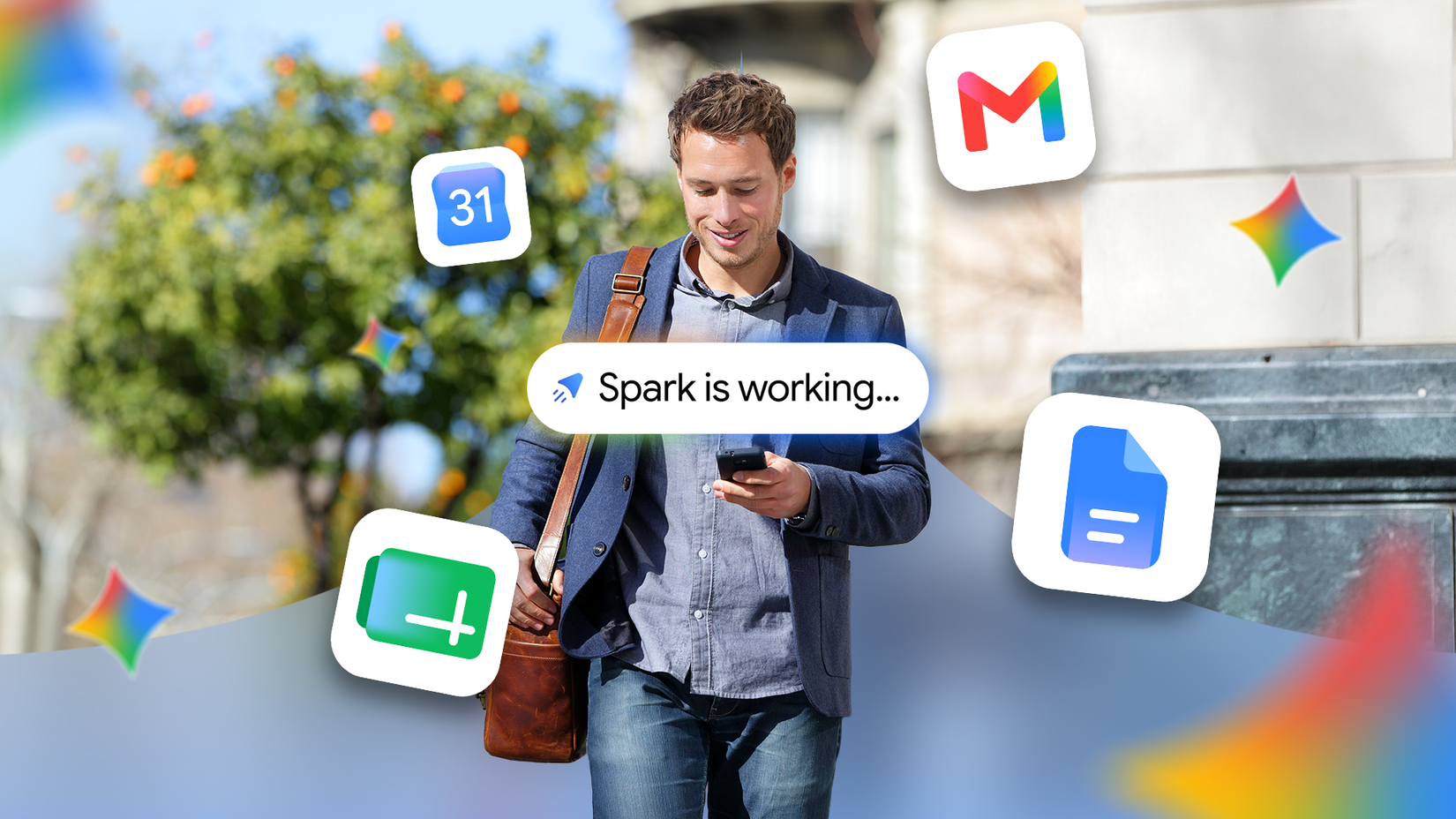 Man walking to work while Gemini Spark automates Google apps.