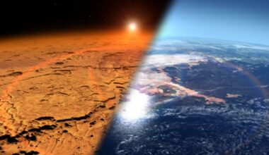 This artist's concept depicts the early Martian environment (right) – believed to contain liquid water and a thicker atmosphere – versus the cold, dry environment seen on Mars today (left). Credit: NASA's Goddard Space Flight Center.