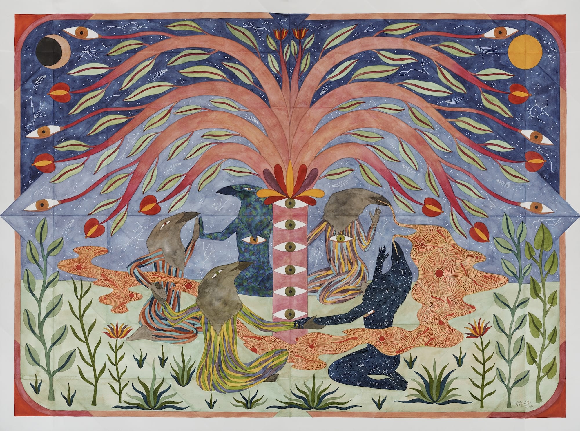 a fantastical painting featuring hybrid creatures in a surreal, symmetrical tableaux