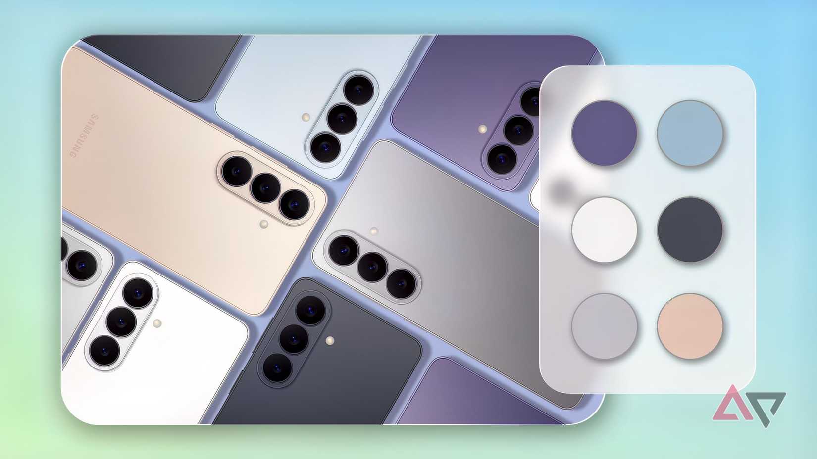 Multiple Samsung Galaxy S26 smartphones in various colors with a side panel displaying color swatches.