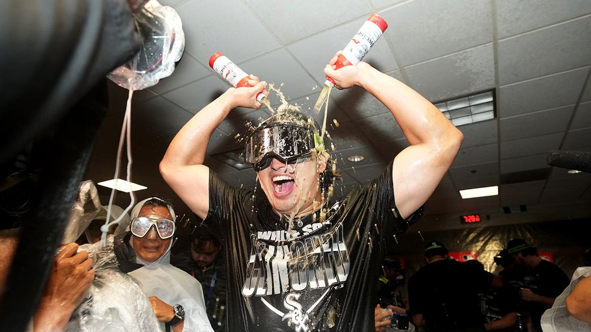Munetaka Murakami celebrates after winning the American League Wild Card Series.