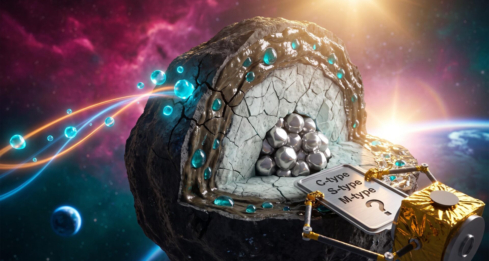 Cutaway asteroid showing water-bearing clay, silicate and nickel-iron layers, explaining near earth asteroid mining types