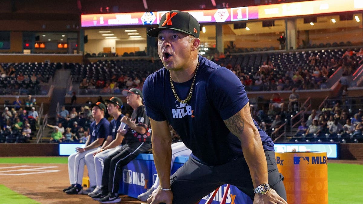 Nick Swisher looks on during an MLBx event at Durham Bulls Athletic Park.