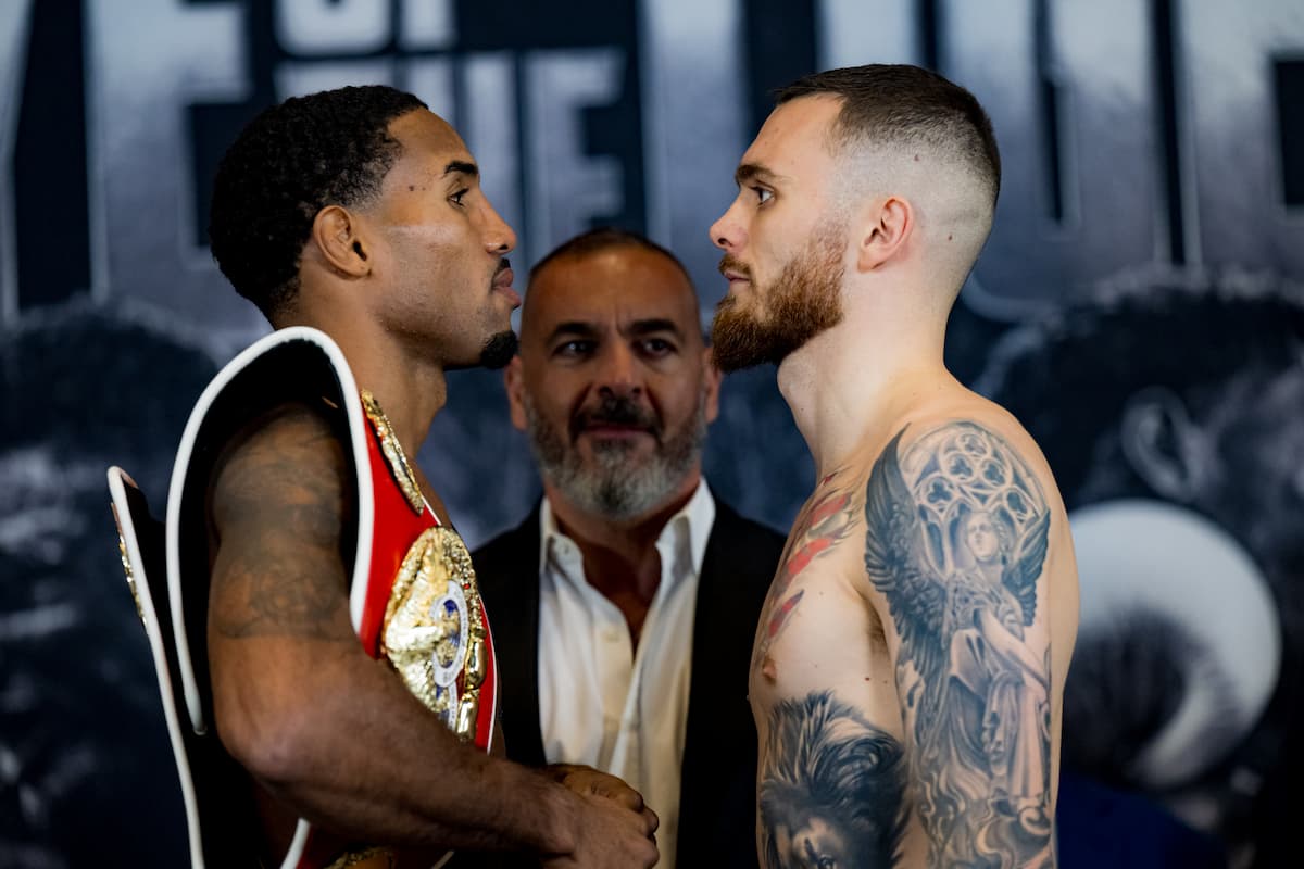 Osleys Iglesias and Oliver Zaren face off during the weigh-in at Centre Videotron in Quebec City