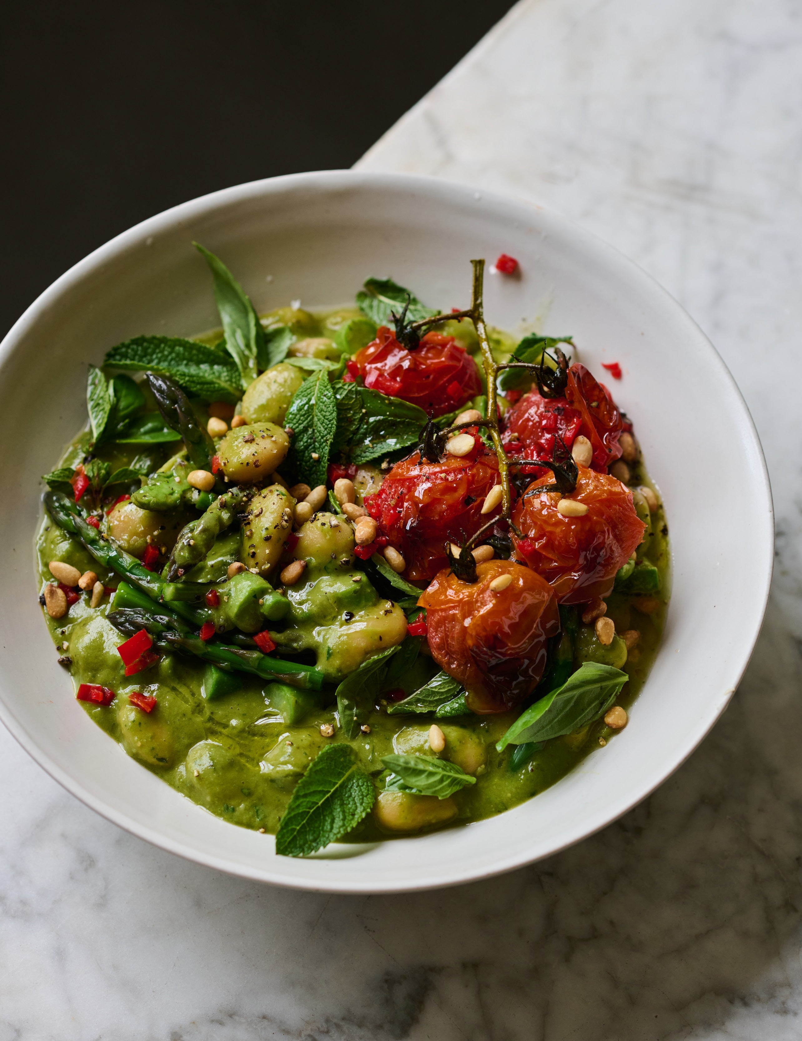Butter beans do the heavy lifting here, with asparagus, tomatoes and herbs adding extra plant variety
