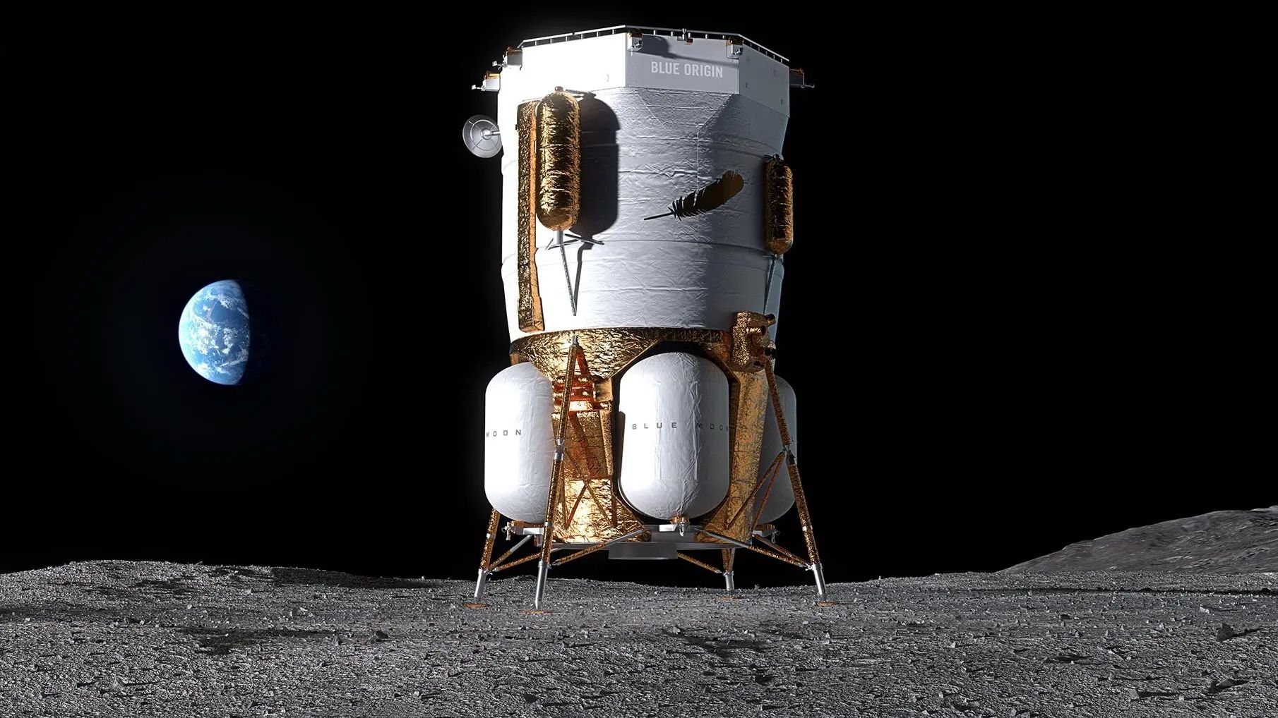 illustration of a tall, gold and white spacecraft on the moon with earth in the background