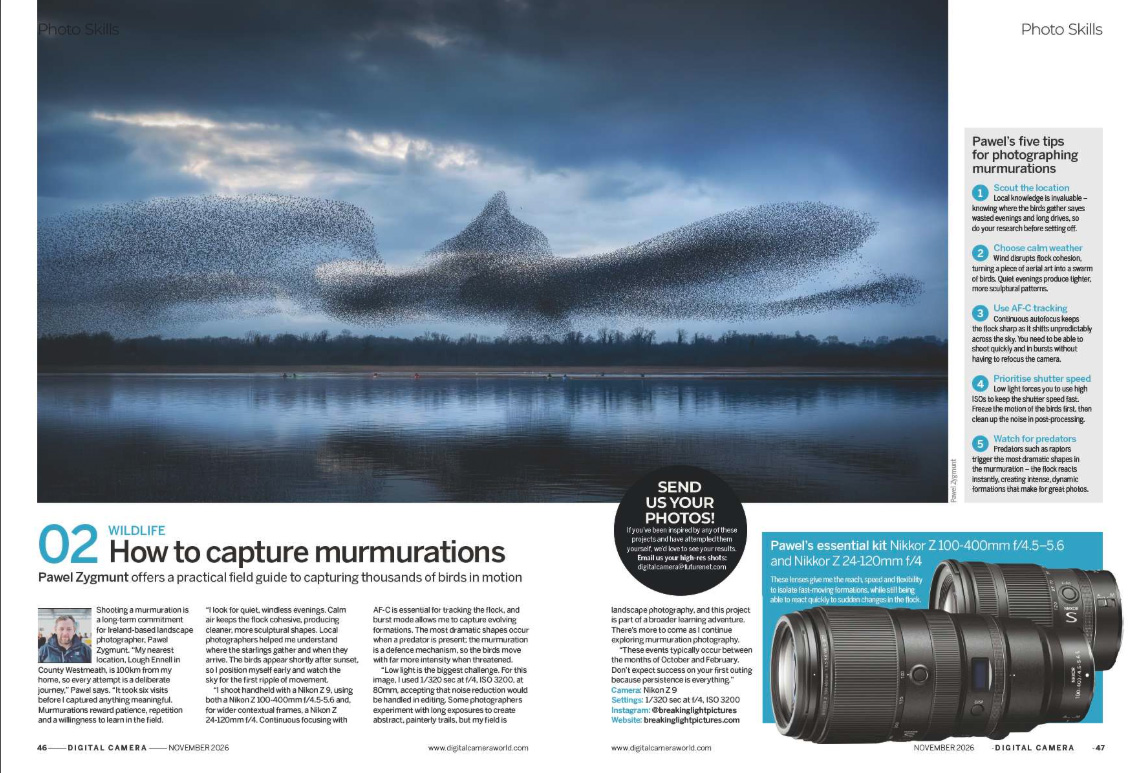 Image showing a project in the Photo Skills section in issue 313 (November 2026) of Digital Camera magazine: photographer Pawel Zygmunt shows how to photograph starling murmurations