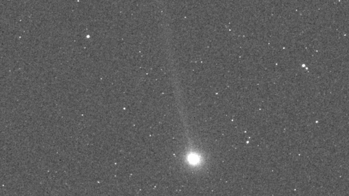 bright comet nucleus and long faint tail steaking through a background of stars,