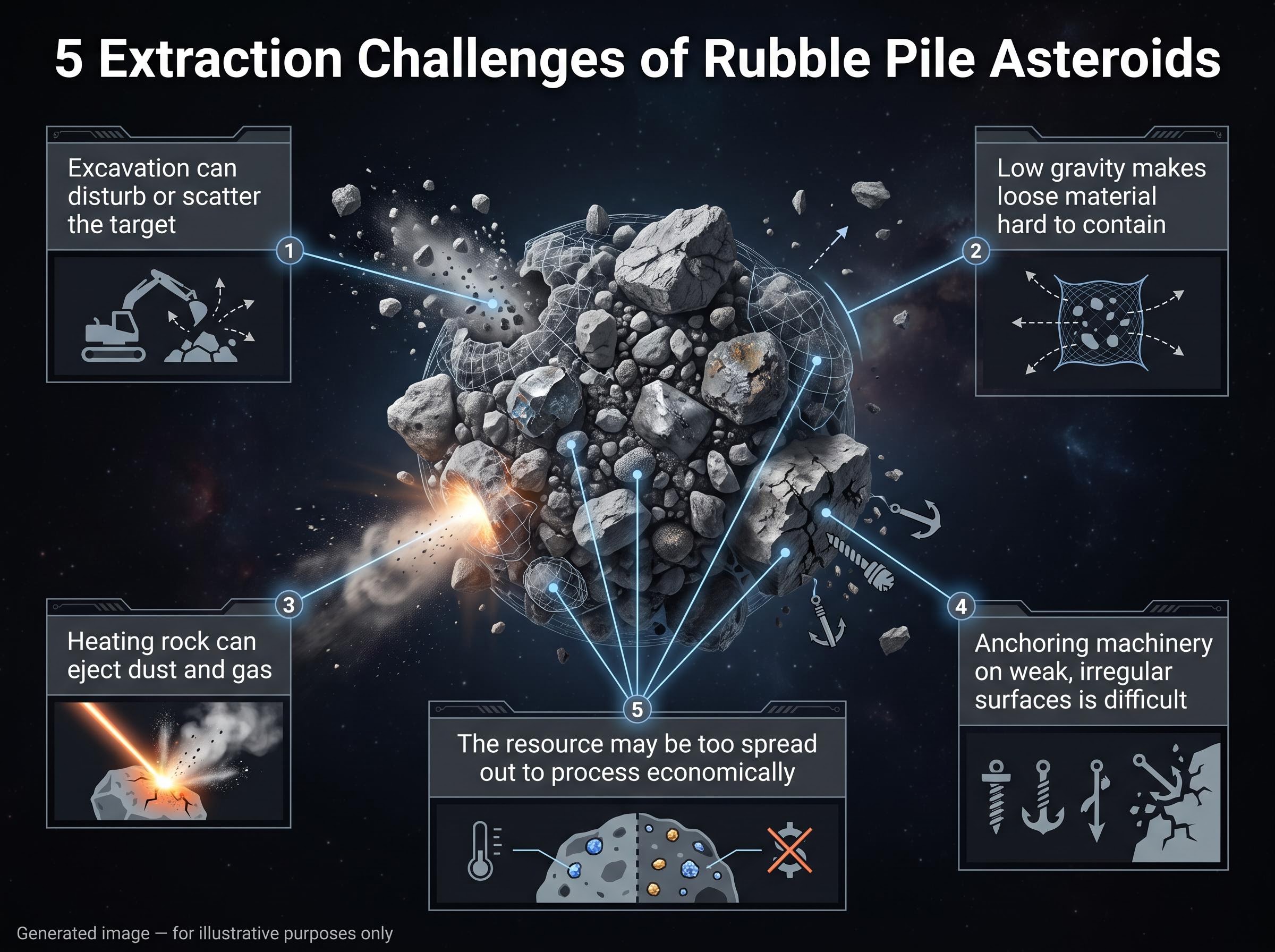 The 5 Extraction Challenges of Rubble Pile Asteroids