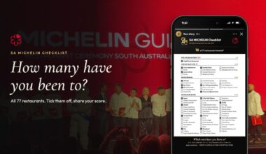 A phone showing the SA MICHELIN Checklist as an Instagram Story, in front of the MICHELIN Guide South Australia 2027 ceremony stage