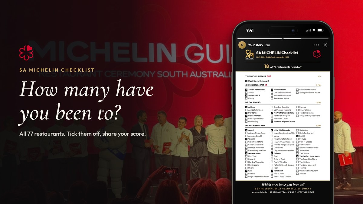 A phone showing the SA MICHELIN Checklist as an Instagram Story, in front of the MICHELIN Guide South Australia 2027 ceremony stage