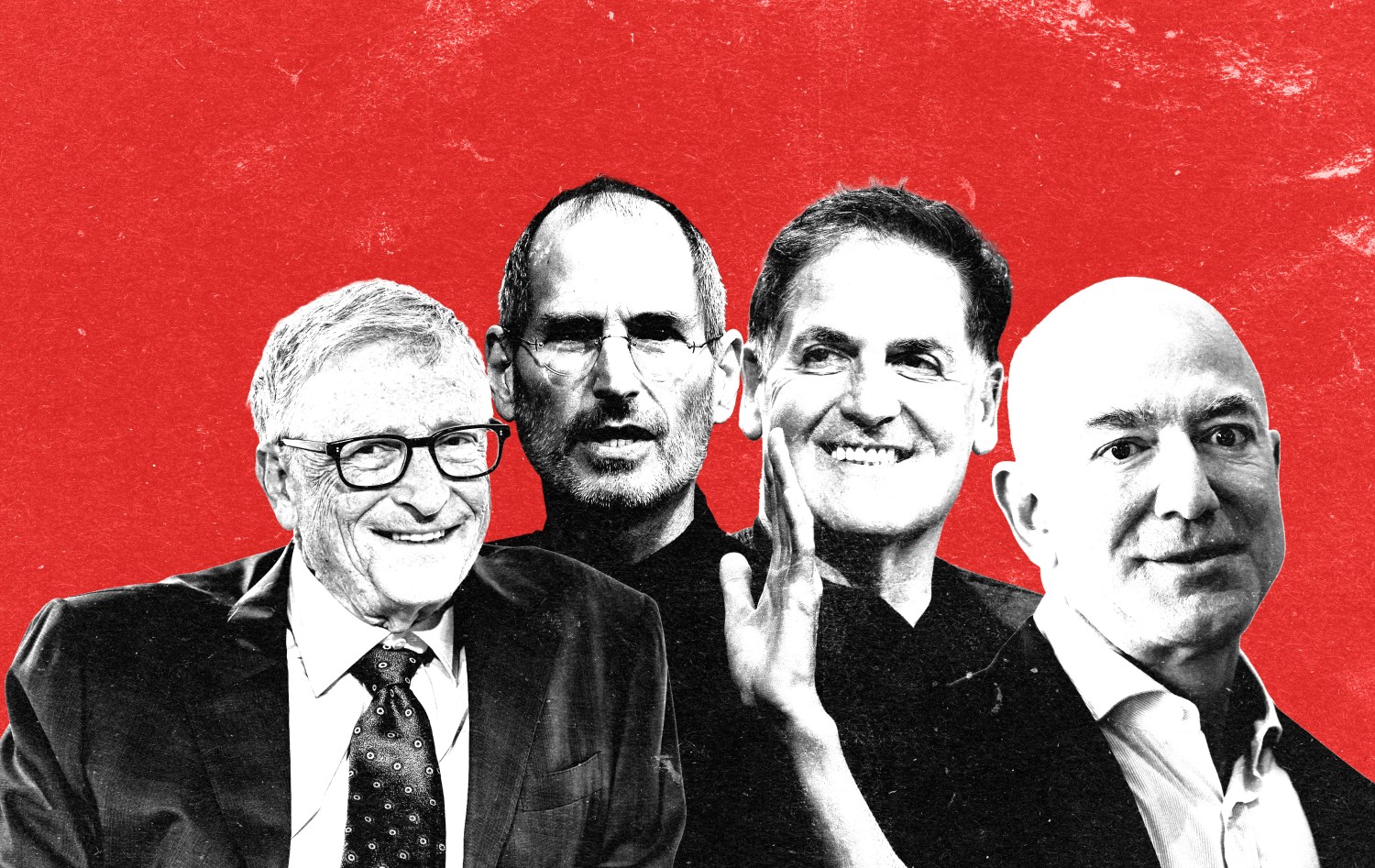 Four men in black and white portrait style against a bright red background, arranged in a row with varying expressions and poses.