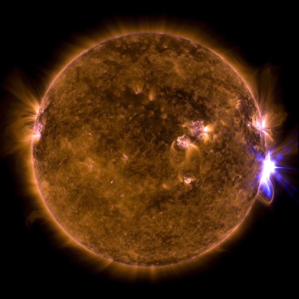 NASA’s Solar Dynamics Observatory captured this image of a solar flare – as seen in the bright flash on the right side – on Sept. 10, 2017. The image shows a combination of wavelengths of extreme ultraviolet light that highlights the extremely hot material in flares, which has been colorized. There's a lot to learn about flaring, and the ever-changing Sun itself, and new research made progress in understanding its flaring behaviour. Image Credit: NASA/SDO