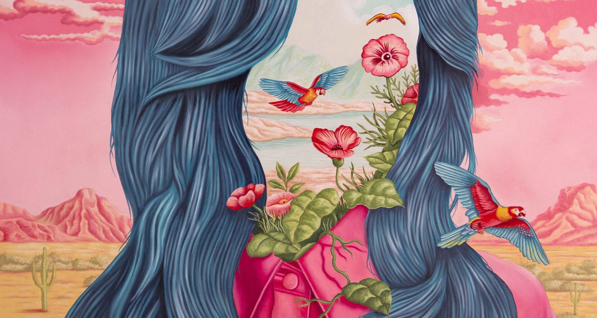 a portrait-style painting of a figure with shoulder length hair, wearing a pink shirt, with flowers and a blue sky in place of her face