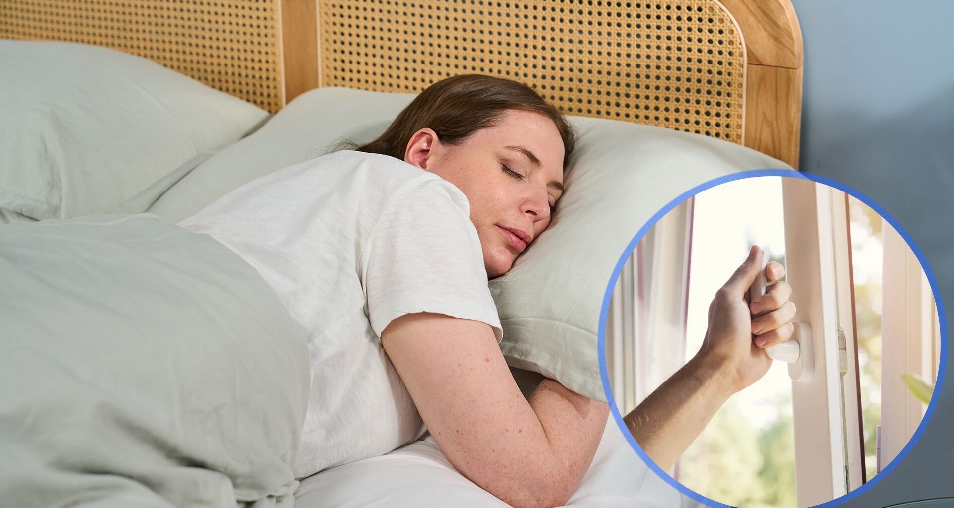 A woman lies in bed sleeping peacefully. In the bottom left is an inset image of a hand opening a window.