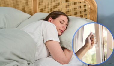 A woman lies in bed sleeping peacefully. In the bottom left is an inset image of a hand opening a window.