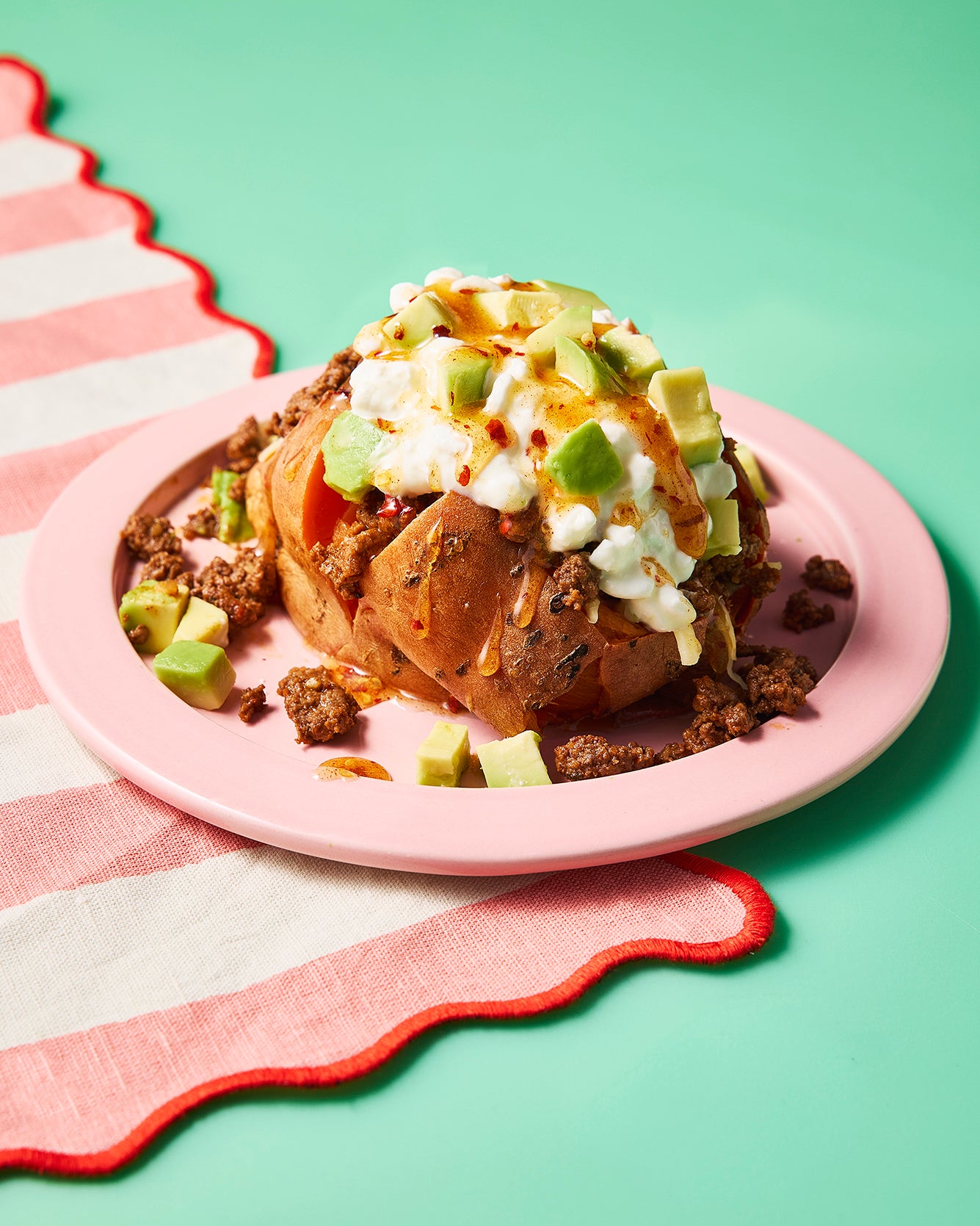 Keeping the sweet potato skin on, then adding avocado, gives this beefy dinner a useful fibre boost