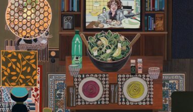 a mixed-media work by Ann Toebbe of a living room scene with a salad and two place settings on a table in front of a green sofa. the film jeanne dielman plays on the tv
