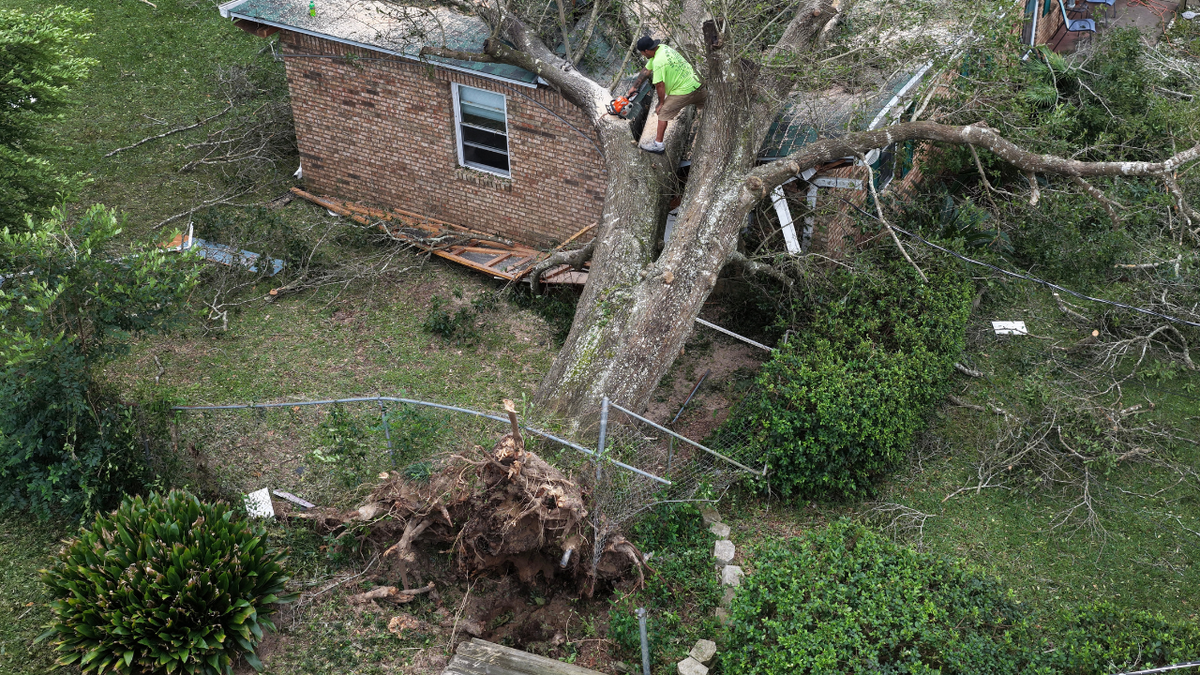 Southern Land Services removes a tree that landed on a home when Hurricane Isaias passed through the area on October 10, 2026, in Milton, Florida.