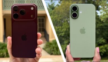 The iPhone 18 Pro in burgundy being held up alongside the iPhone 17 in green