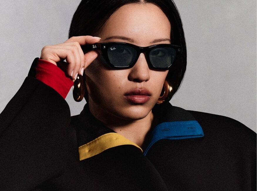 The LED light shines as a woman records with Ray-Ban Meta smart glasses.