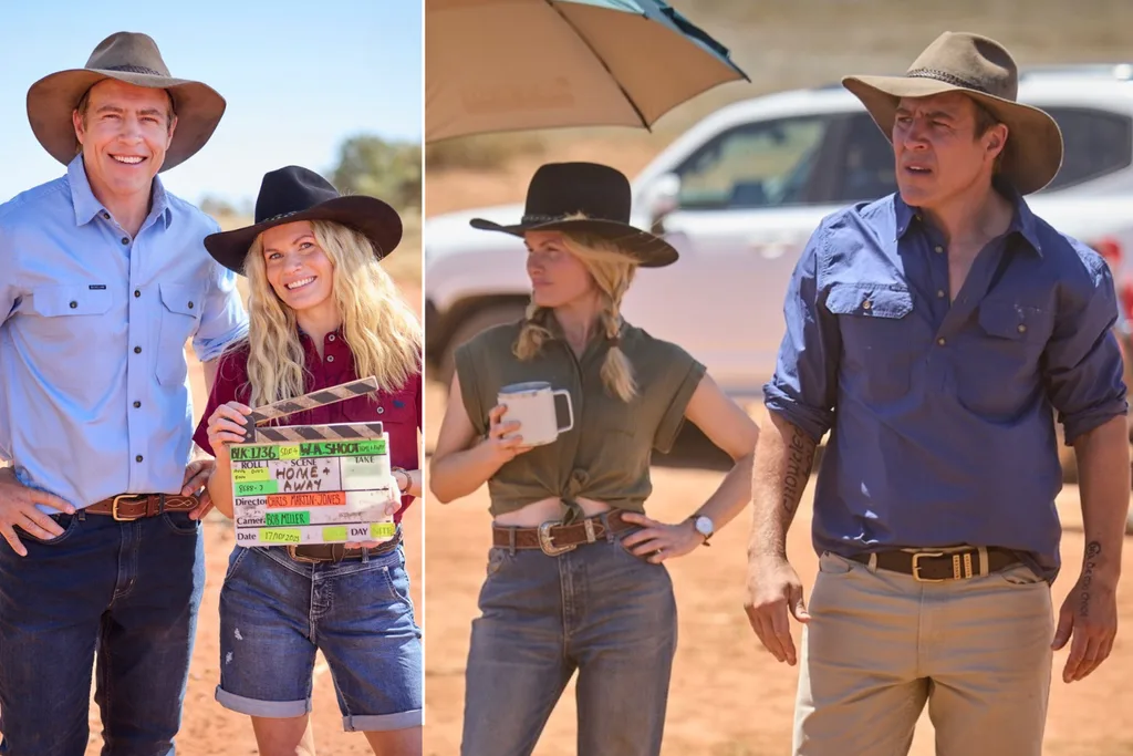 Stephen and Bonnie stand on Home and Away set smiling at camera (left) and the pair in action (right).