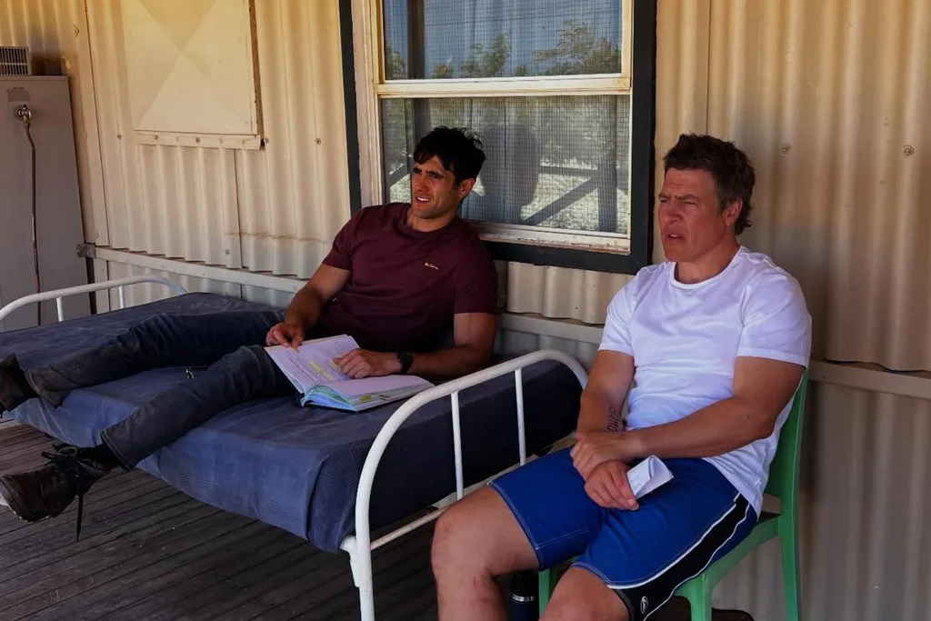 Ethan Browne and Stephen Peacock on the set of Home and Away.