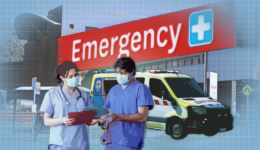 Composite image of two medical professionals talking, an ambulance and a sign saying 'emergency'.