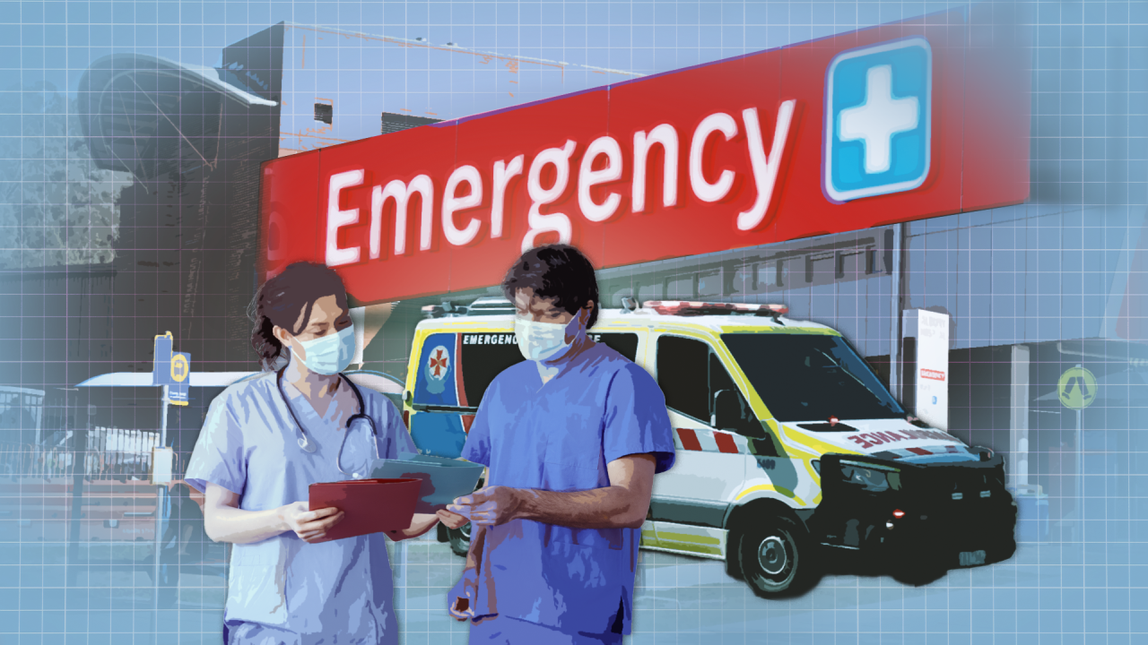 Composite image of two medical professionals talking, an ambulance and a sign saying 'emergency'.