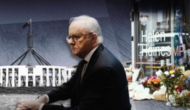 A composite image of a man in a dark suit at the front wearing glasses, with flowers visible in the background a silhouette of Australian Parliament House
