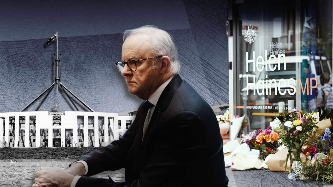 A composite image of a man in a dark suit at the front wearing glasses, with flowers visible in the background a silhouette of Australian Parliament House