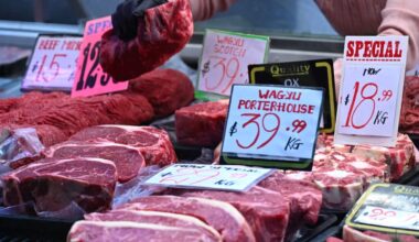 A close up shot of uncooked steaks at a market