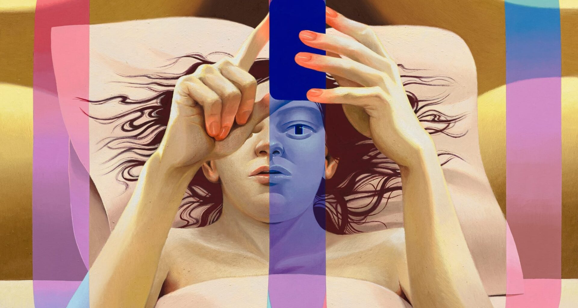 a painting by Robin F. Williams of a nude person in bed scrolling on their phone with abstract, colorful loops enveloping the device