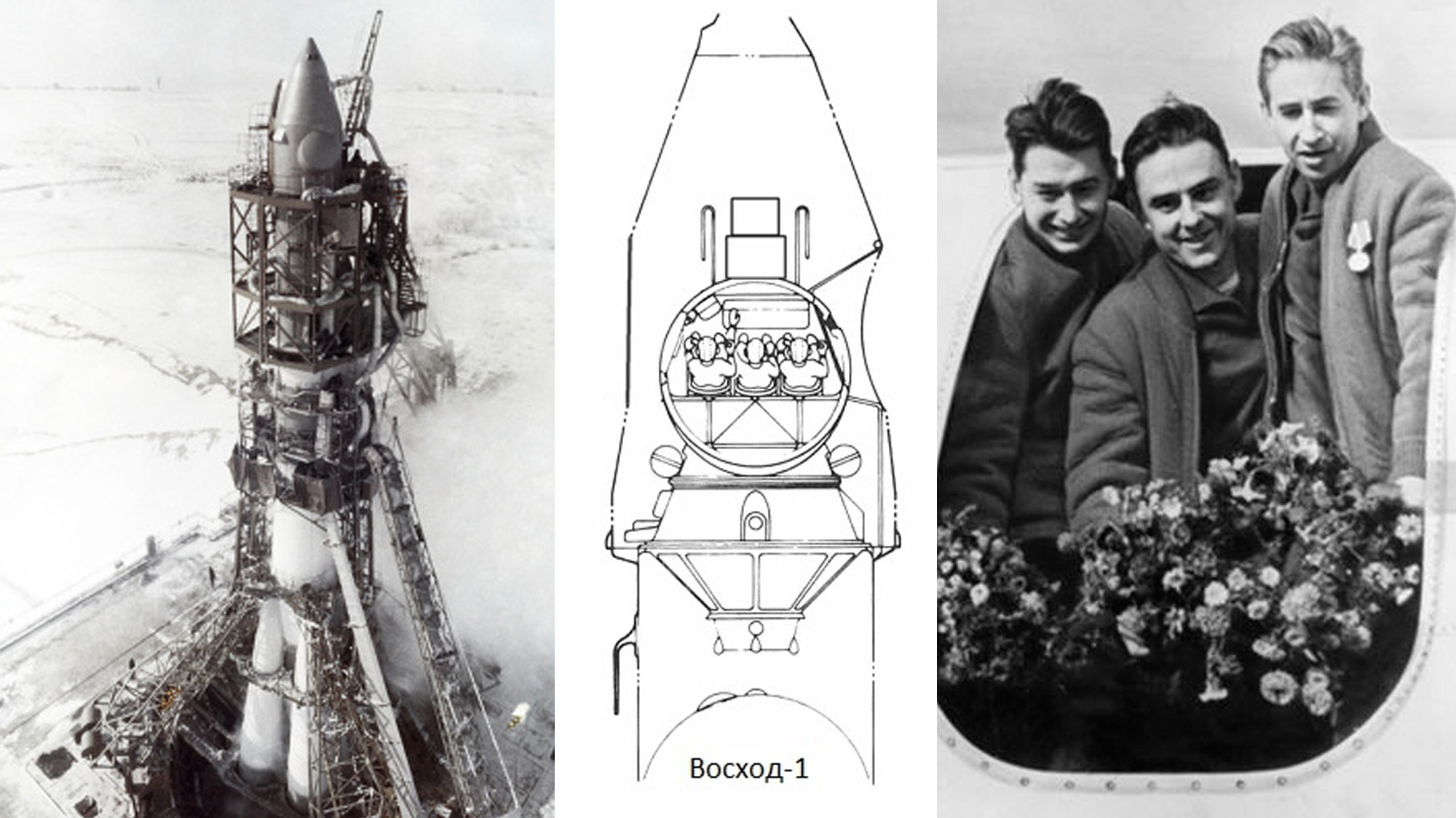 On Oct. 12, 1964, the Soviet Union launched the first multiperson mission, Voskhod 1, which launched three Russian cosmonauts into space. The crew included Vladimir Komarov (commander), Konstantin Feoktistov (engineer) and Boris Yegorov (doctor), shown at right.