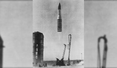 The satellite Prospero X-3 is launched from the RAAF test range in Woomera, South Australia, by a British Black Arrow carrier rocket, 28th October 1971.
