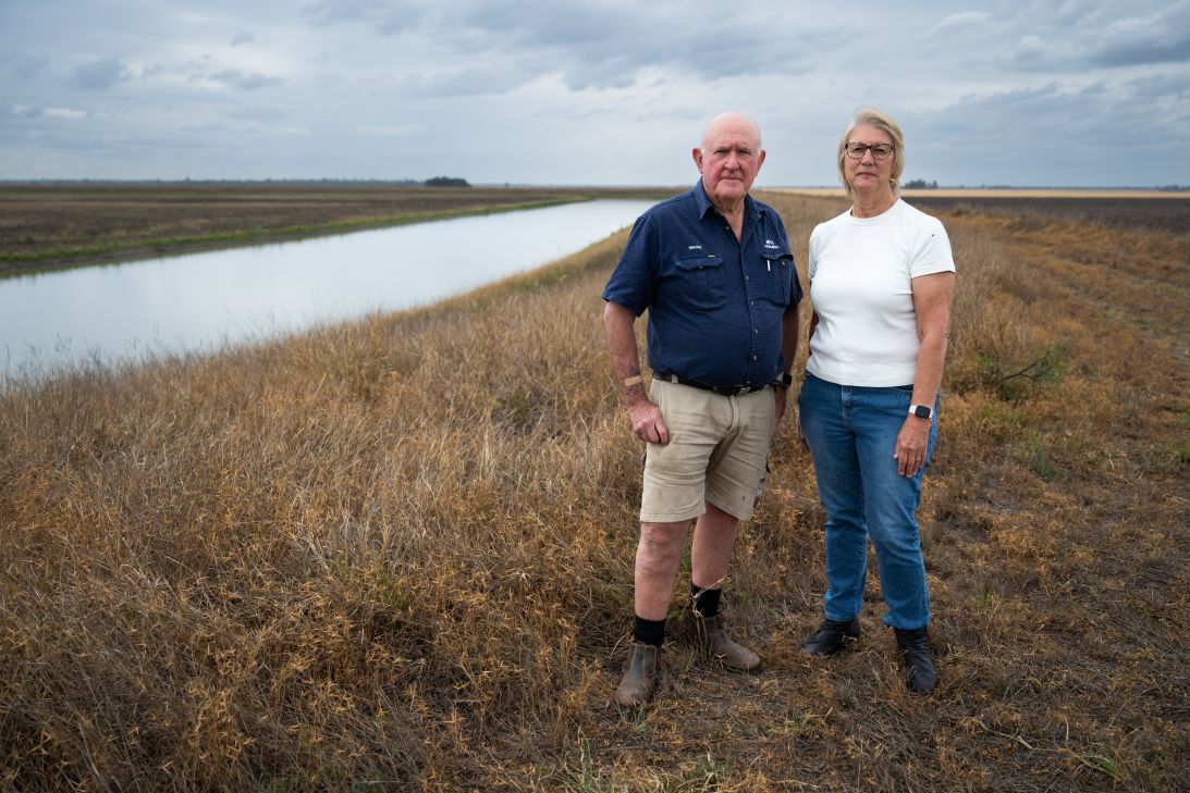 Farmers Bev and Wayne Newton next to their water storage facility, near the site for a proposed AI data centre near Dalby, Australia, on October 10, 2026.