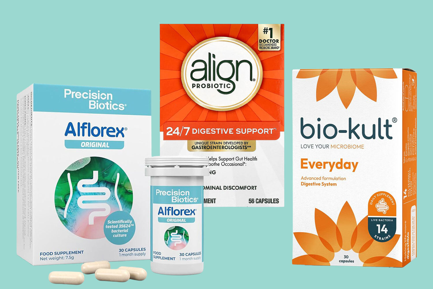 Collage of probiotic supplement boxes.