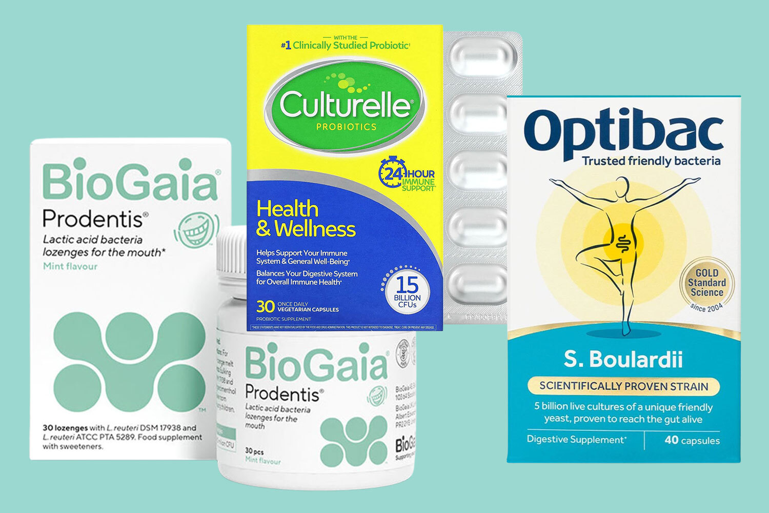 Collage of probiotic supplement packaging.