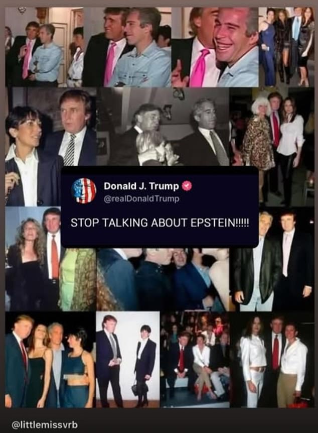 One posting showcased a photo montage showcasing Trump meeting Epstein and his convicted sex trafficker girlfriend Ghislaine Maxwell. In the center was a Truth Social from Trump pleading for people to 'STOP TALKING ABOUT EPSTEIN!!!!!'.