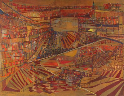 A painting of a highly abstracted architectural space.