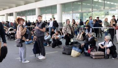 Blackout in Madrid, Spain - 28 apr 2025. Several people wait outside the Atocha train station in Madrid. The Iberian Peninsula lost power around 12:30 p.m.